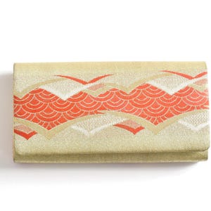 Vintage Japanese Kimono Silk Clutch | Gold Red Wave Pattern Purse | Formal Evening or Wedding Bag | Elegant Traditional Female Accessories