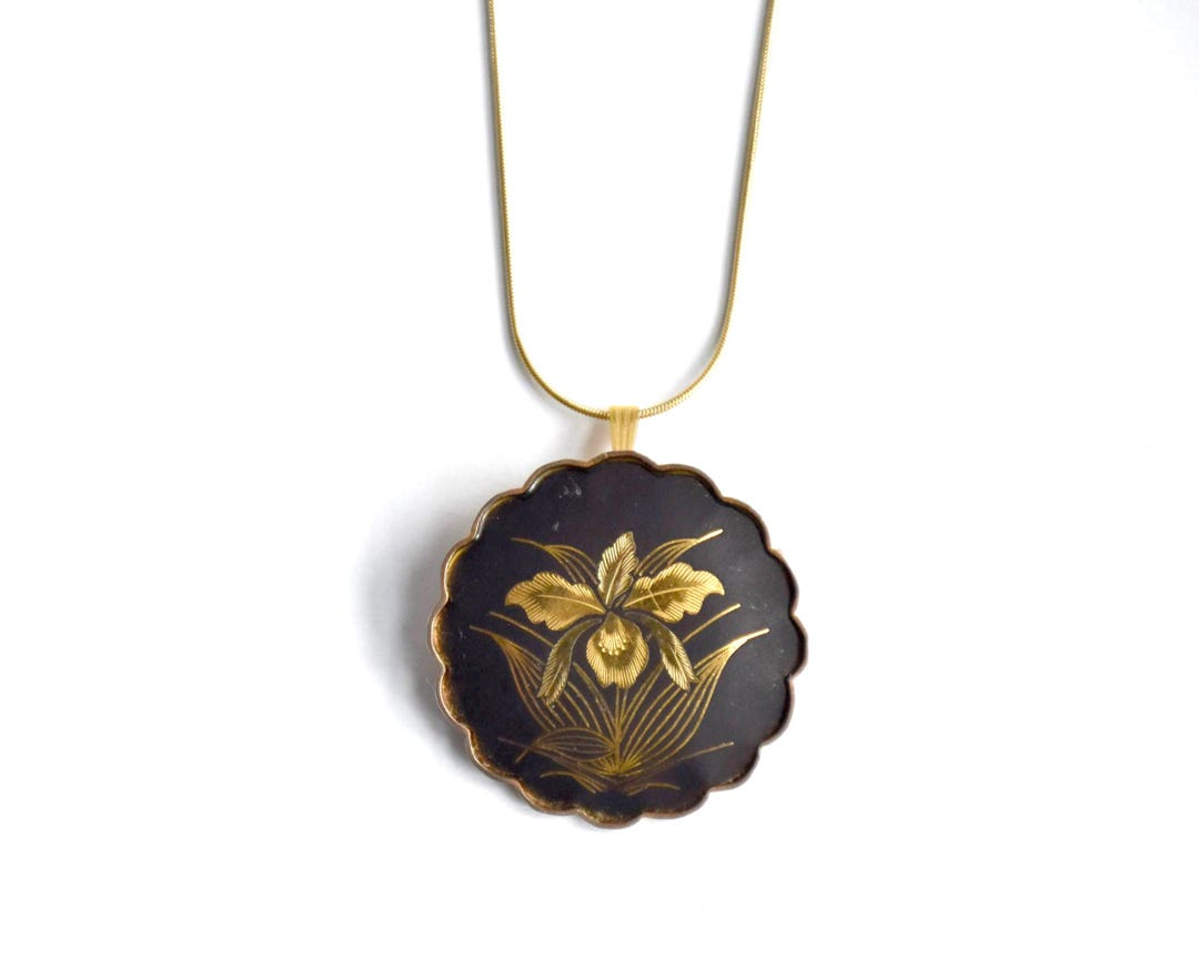Zogan Inlay Japanese Zogan Pendant Necklace | Gold Inlay on Metal Base | Vintage ...