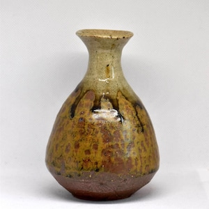 Può includere: Un vaso in ceramica con collo stretto e corpo bulboso. La parte superiore presenta una smaltatura liscia color beige chiaro, mentre la sezione inferiore mostra una finitura testurizzata e maculata nei toni del giallo senape, marrone e ruggine.