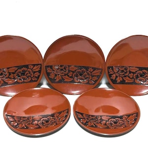 Set of 5 Vintage Japanese Chataku Plates – Red Tea Saucers with Floral Relief, Traditional Wabi-Sabi Tableware, Origntal Floral Home Decor