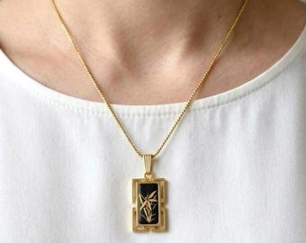 Japanse Higo Zogan-ketting met hanger | Gouden inlegwerk op metalen basis | Vintage sieraden | Damasceen damessieraden uit Japan | Oosterse accessoires