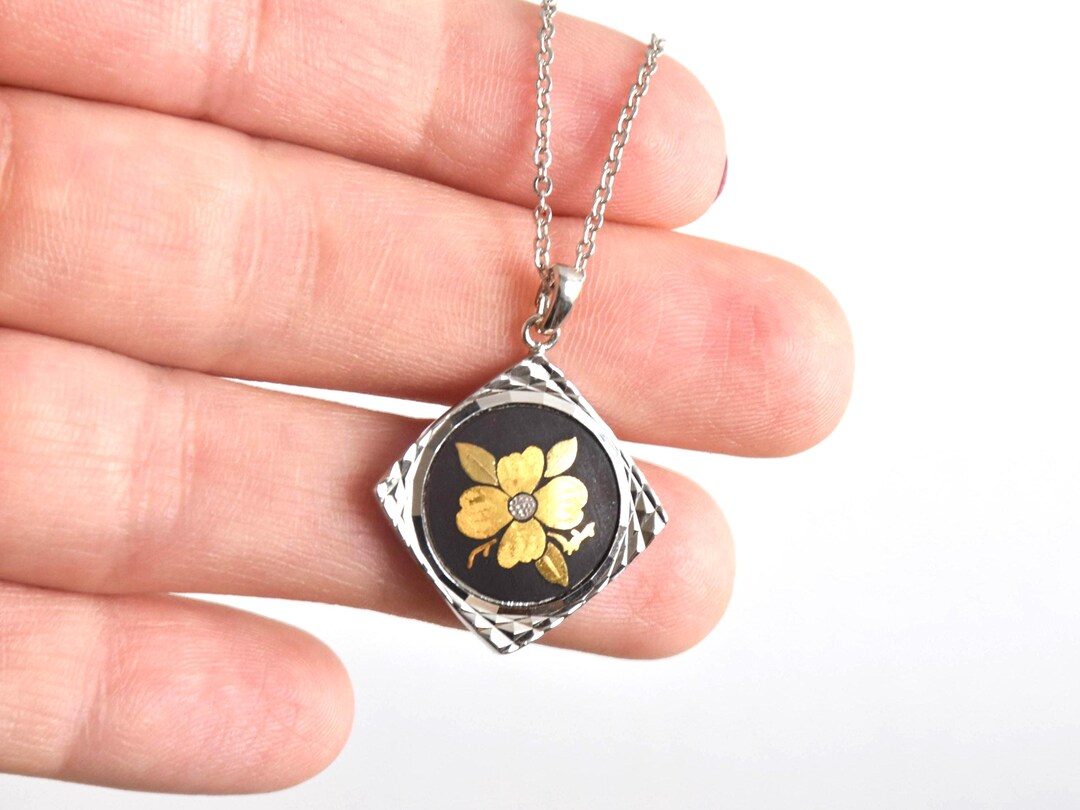 Zogan Inlay Vintage Japanese Zogan Floral Pendant Necklace | Gold Inlay AMITA ...
