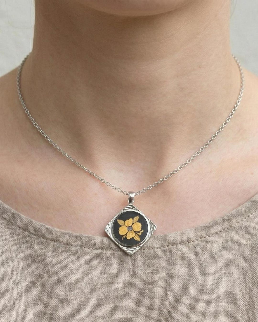 Zogan Inlay Vintage Japanese Zogan Floral Pendant Necklace | Gold Inlay AMITA ...
