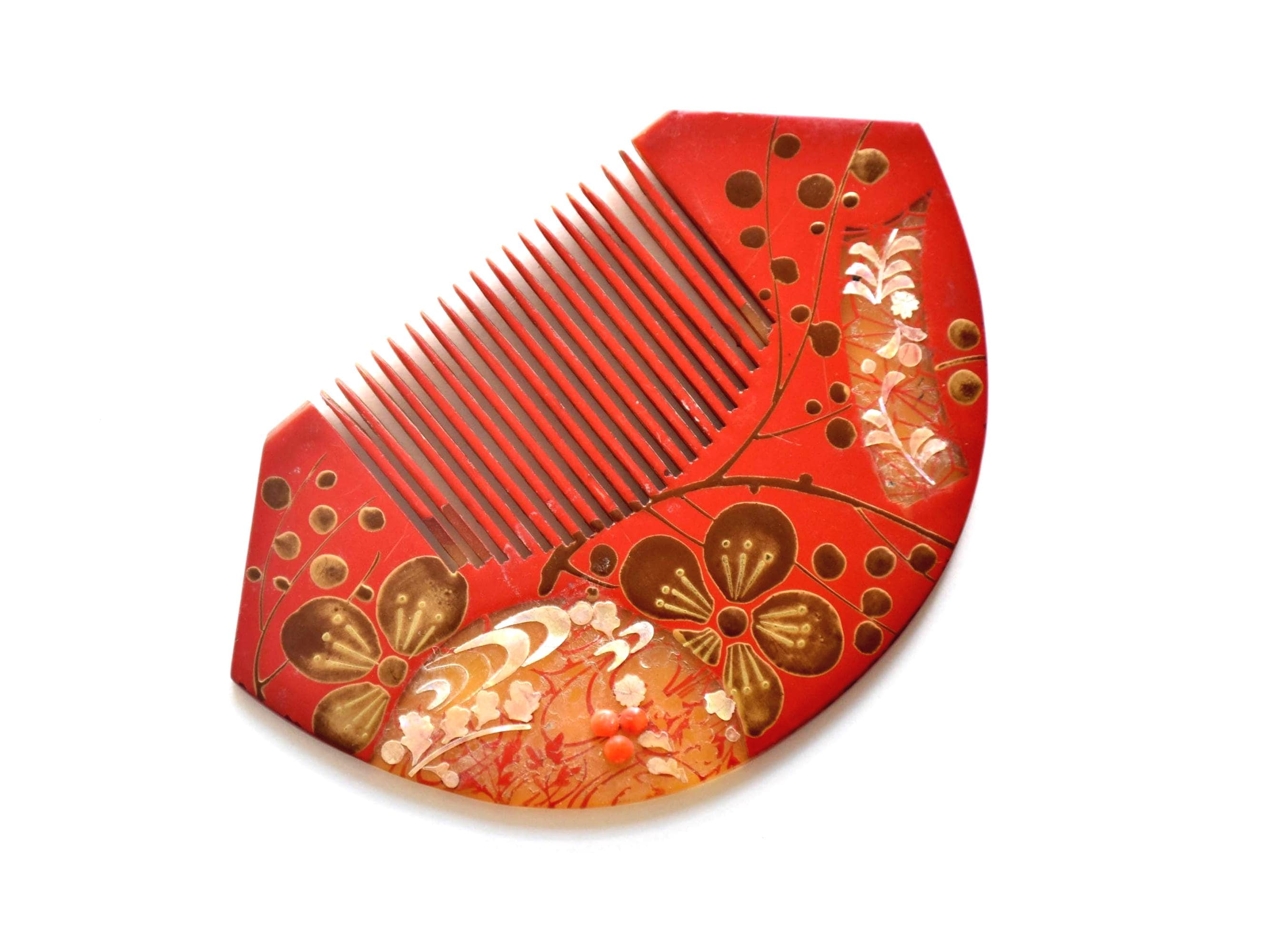 Geisha Accessory Japanese Kushi Comb | Red Kanzashi With Floral Pattern | Traditional ...