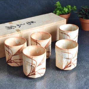 May include: Set of six ceramic cups with a textured, off-white surface and brown leaf-like patterns. The cups have a unique, faceted design and are presented with a wooden box in the background. Small potted plants add a touch of greenery.