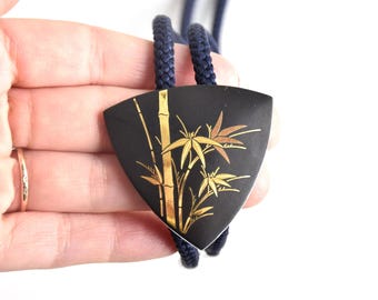 Japanse damastketting, gouden inlegwerk vrouwelijke sieraden, Japanse traditionele ambachten, antieke vintage sieraden, Zogan bamboe hanger ketting