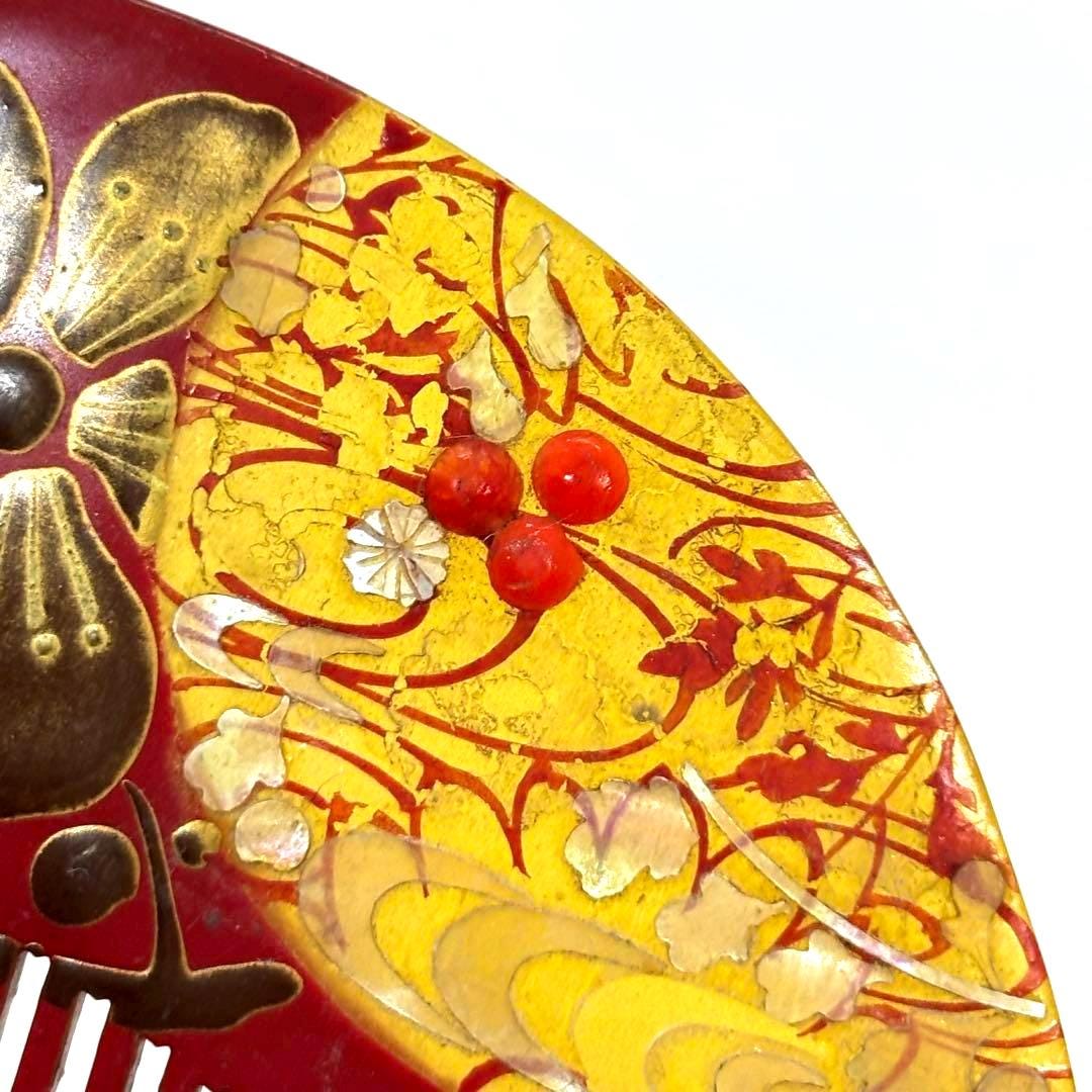 Geisha Accessory Japanese Kushi Comb | Red Kanzashi With Floral Pattern | Traditional ...