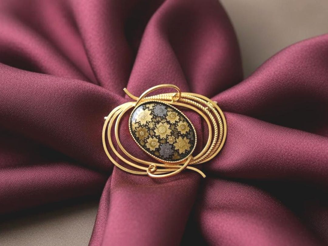Zogan Inlay Vintage Japanese Zogan Brooch, Traditional Damascene Metalwork Japan ...