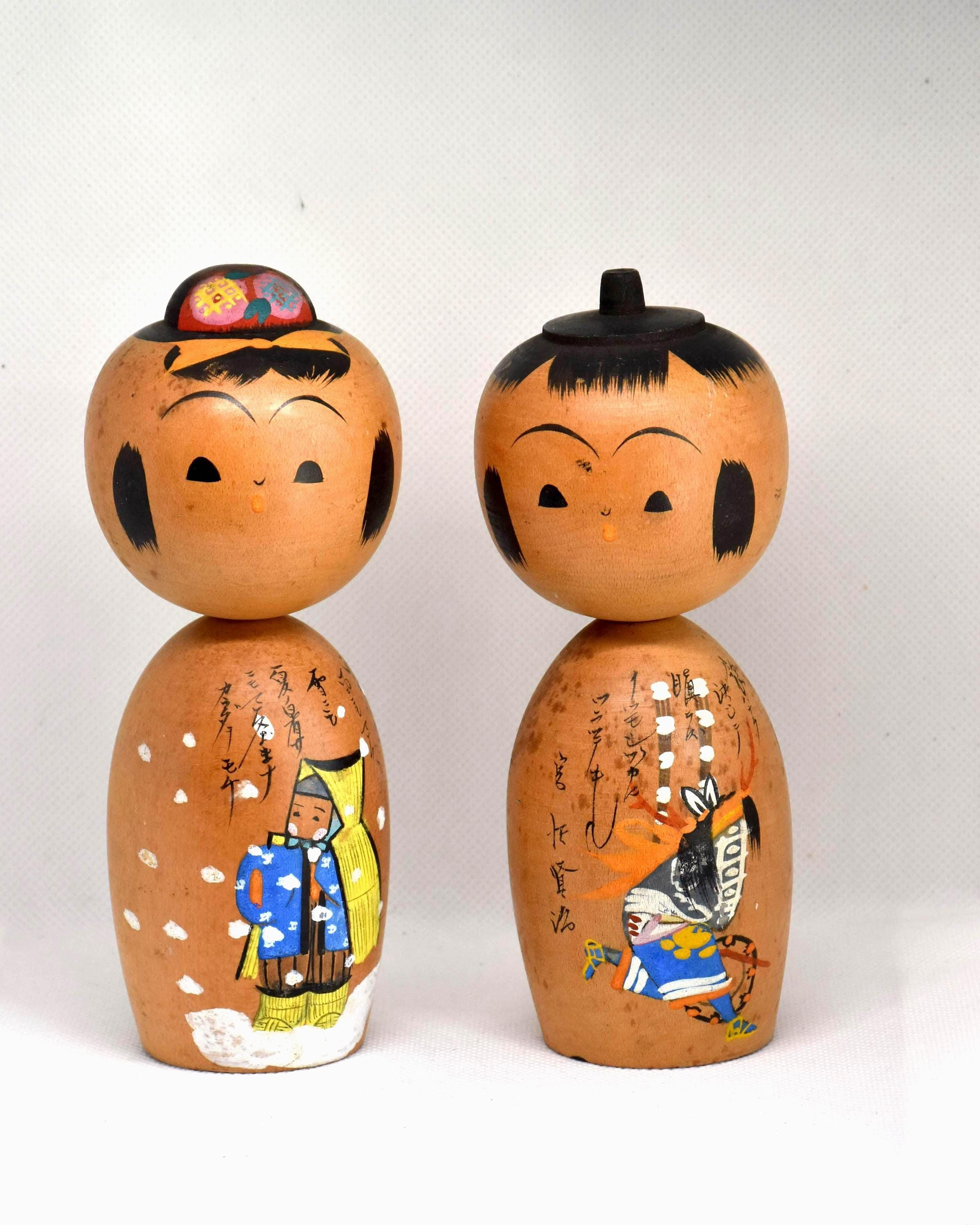 Pair of Japanese Kokeshi Dolls | Two Handpainted Vintage Kokeshi