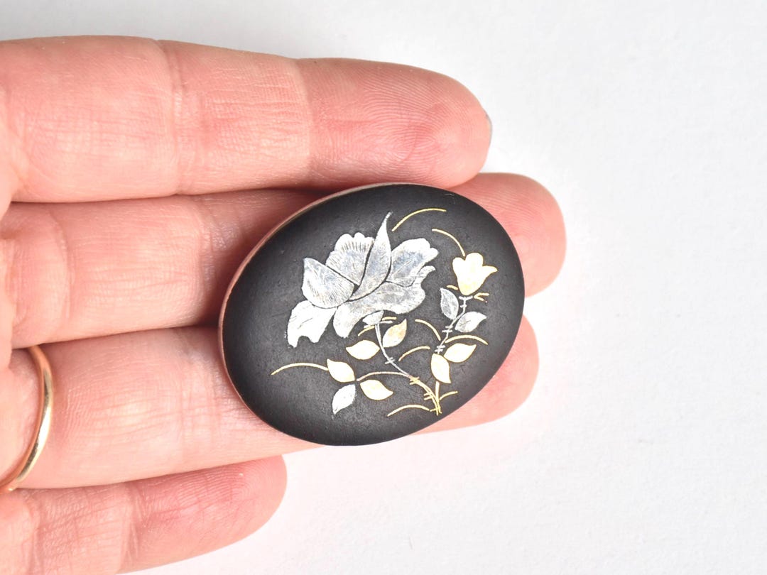 Zogan Inlay Japanese Zogan Brooch | Jewelry From Japan | Floral Inlay Gold & Black ...