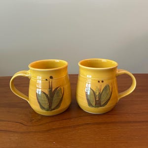 Puede incluir: Dos tazas de cerámica amarillas con un diseño floral. Cada taza tiene un asa curva y un diseño pintado de hojas verdes y tallos marrones. Las tazas están sobre una superficie de madera.