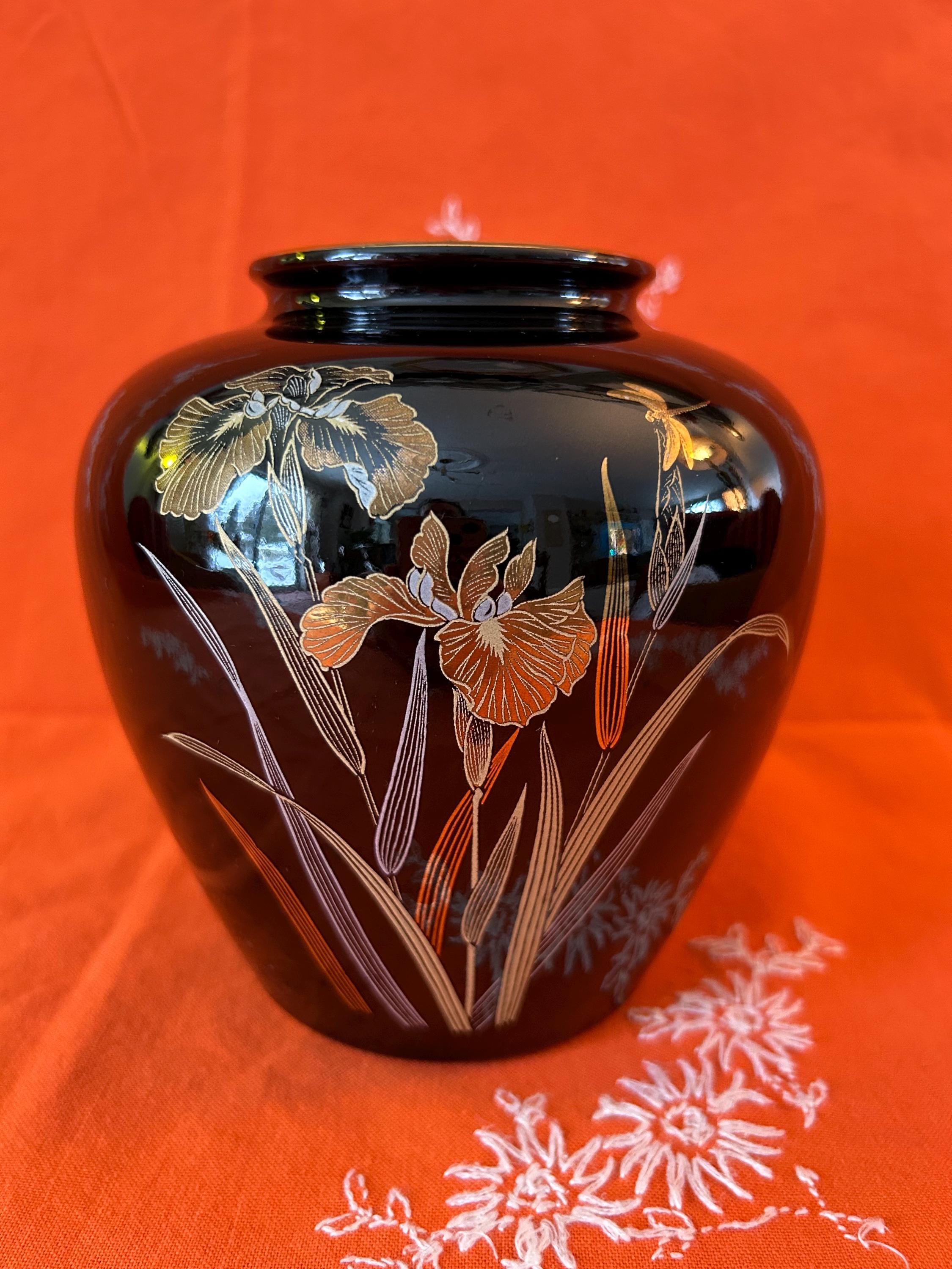 Vintage Yamaji Black Ceramic Vase With Floral Pattern,japan-signed