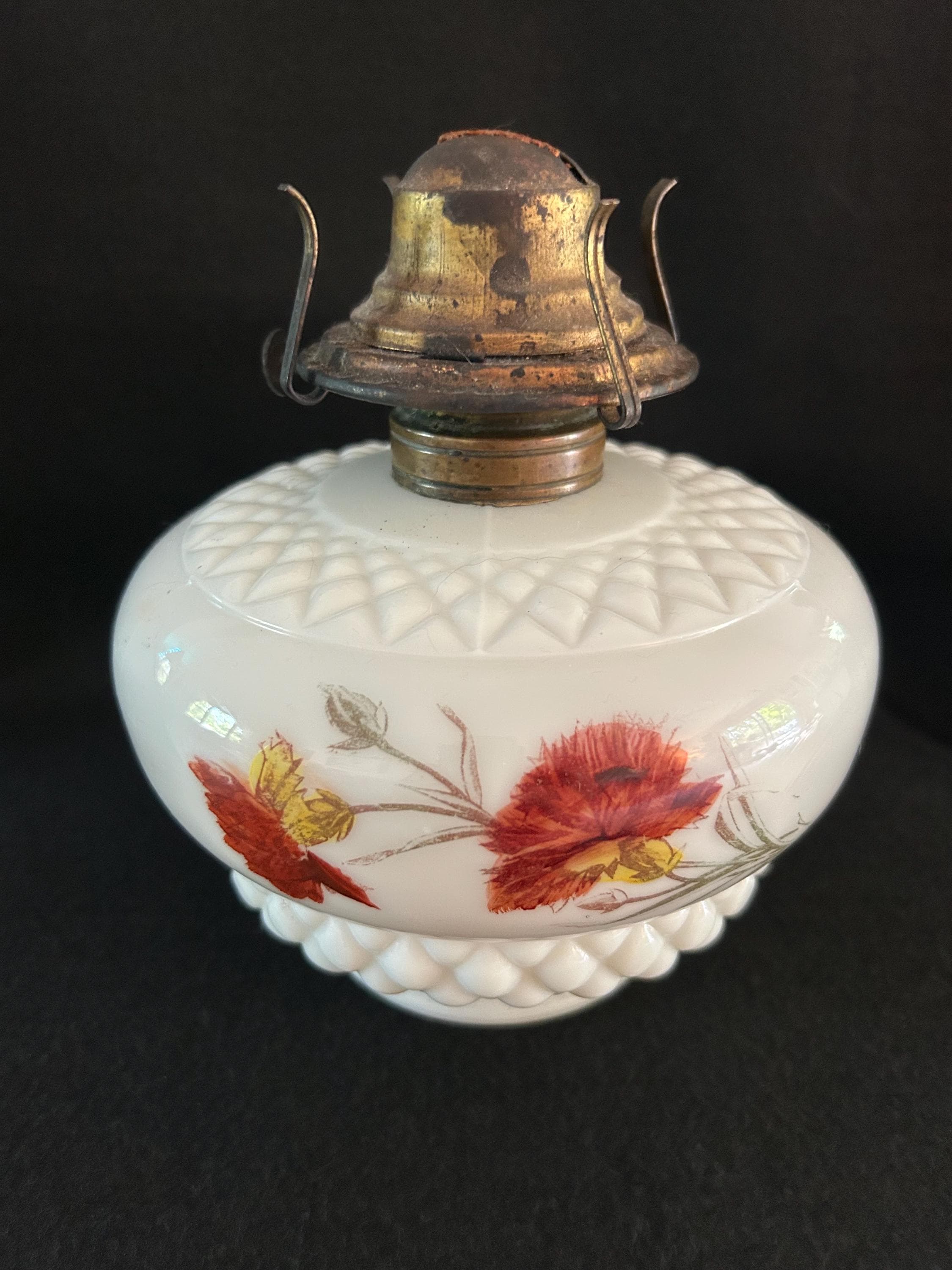 Antique Hand Painted Milk Glass Hanging Library Kerosene Oil Lamp