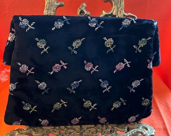 ヴィンテージ ブラック ベルベット フローラル 刺繍 折りたたみ クラッチ