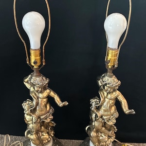Vintage Hollywood Regency Brass Cherub Lamps, Set of Two