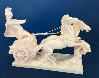 Vintage A. Santini Ivory Alabaster Sculpture of a Roman Chariot Gladiator & Two Horses, Italy-Signed