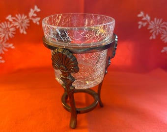 Vintage Clear Crackle Glass Tea Light Holder with Solid Brass Ornate Stand