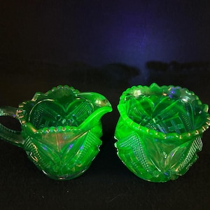 Vintage Uranium Green Pressed Glass Cream and Sugar Set
