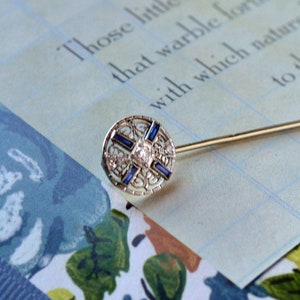 Sapphire and diamond Stick pin, White gold stick pin, hat pin, caveat grooms gift