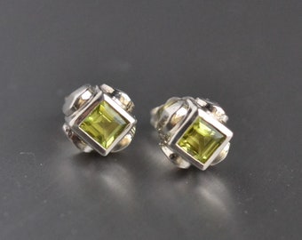 Peridot stud earrings, Art Deco stud earrings, silver studs, Peridot Art Deco studs earrings, minimalist ear studs, Garnet Stud earrings