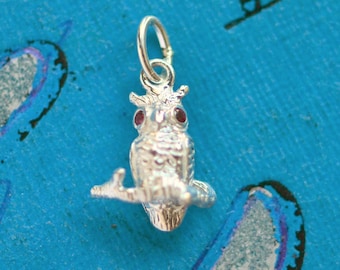 Owl charm pendant necklace, Silver owl charm, sapphire or ruby,  vintage inspired owl pendant, good luck owl charm, Halloween talisman