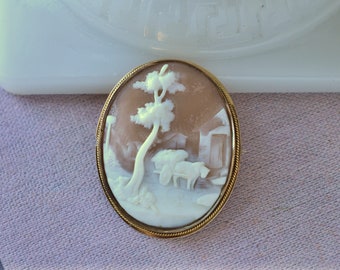 Antique gold filled cameo pin, Farm scene carved cameo, Pastorial scene