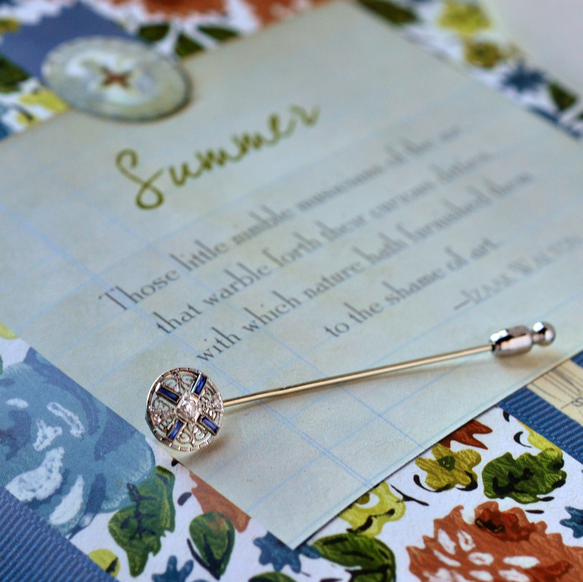 Antique Sapphire & Diamond 14kt White Gold Stick Pin: Lapel Hat Pin