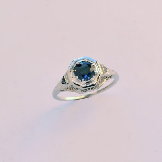 Sapphire ring, Antique White Gold Blue Sapphire r… - image 1