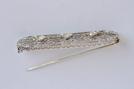White gold antique pin, Vintage brooch, diamond f… - image 5