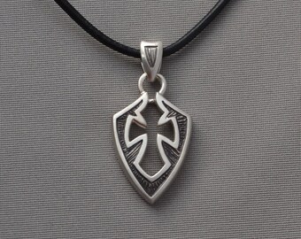 Cross Shield pendant, Cross Shield necklace, Oxidized men's silver cross, shield necklace, sterling silver cross shield pendant, men's cross