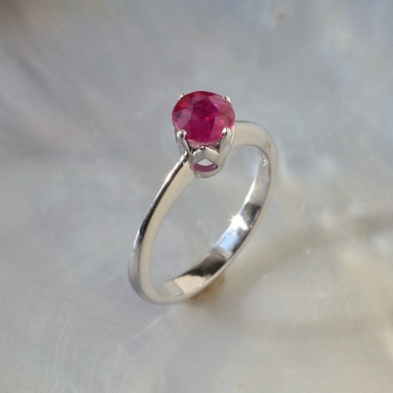 Natural Ruby Solitaire Ring: 18kt White Gold Enga… - image 1