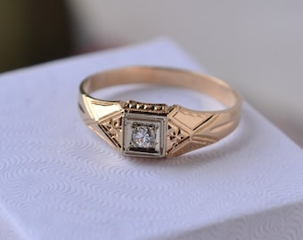 Art deco diamond ring, yellow gold  antique engagement diamond ring, Vintage diamond solitaire, art deco engagement ring, diamond signet, 6