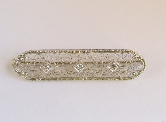 White gold antique pin, Vintage brooch, diamond f… - image 1