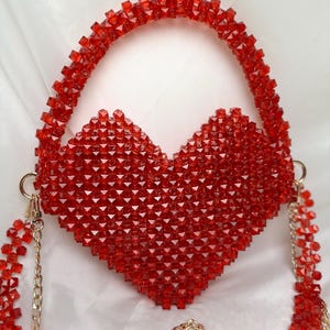 Heart Bead Bag, Red Beaded Bag, Handmade Bead Bag