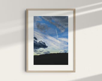Impression d'art mural avion dans le ciel avec nuages et traînée (téléchargement numérique)