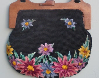 Vintage 20s 30s Needlepoint Purse Bag Handbag Handmade Tapestry Floral Design Black Wool Wooden Frame 1920s 1930s Art Deco Era Fashions