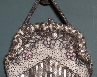 Small vintage antique Art Deco 1930s evening bag purse beads sequins bronze gold tones white grey blue pink 30s women's handbag hand beaded