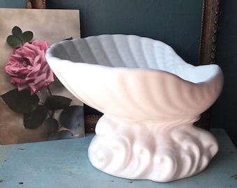 Vintage Dartmouth Pottery shell dish pedestal bowl - soap dish - serving bowl - white ceramic Made in England coastal maritime decor