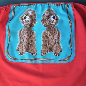 Vintage 1950s 1960s hostess apron novelty print fabric poodle dogs 50s 60s kitsch half apron women's pinny red turquoise blue St Michael