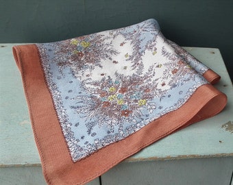 Vintage 1940s women's handkerchief hankie - floral design small flowers pale blue grey and brown - 40s silky rayon fabric hankie