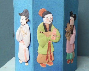 Antique Chinese foldable box paper and silk applique figures blue fabric vintage collapsible gift box