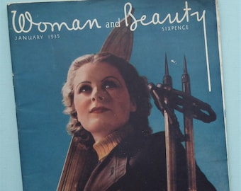 Woman and Beauty January 1935 vintage 1930s women's magazine - 30s fashion hair care - original knitting patterns - advertisements - skiing