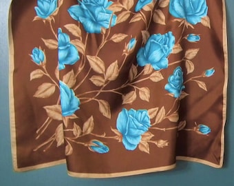 Vintage women's scarf headscarf - 1960s 1970s brown rayon satin - turquoise blue roses flowers - 60s floral design- Made in Italy for M&S