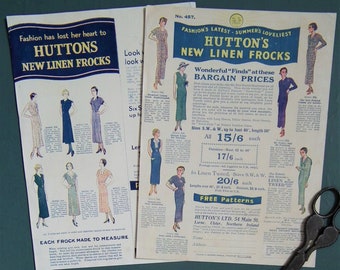 Vintage 1930s advertisements flyers - 2 x Huttons mail order catalogues - women's dresses 30s fashion Irish linen fabric Northern Ireland