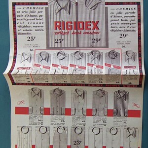 K&ouml;nnte beinhalten: Eine Vintage-Werbung f&uuml;r Rigidex-Hemden, die eine Vielzahl von Stilen und Farben zeigt. Die Anzeige hebt die 'correct sans amidon' (st&auml;rkefrei) Hemden der Marke hervor, mit Preisen von 19,90 bis 52 franz&ouml;sischen Franken.