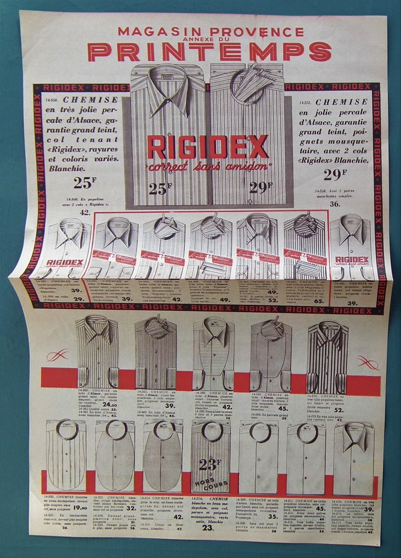K&ouml;nnte beinhalten: Eine Vintage-Werbung f&uuml;r Rigidex-Hemden, die eine Vielzahl von Stilen und Farben zeigt. Die Anzeige hebt die 'correct sans amidon' (st&auml;rkefrei) Hemden der Marke hervor, mit Preisen von 19,90 bis 52 franz&ouml;sischen Franken.