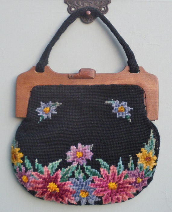 Needlepoint Small Clutch Bag & Wood Handmade Bag