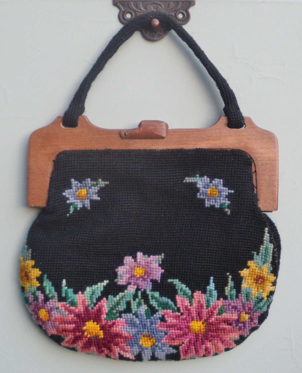 Vintage Lined Needlepoint Cloth Bag with Wooden Handles, Sewing, Crochet