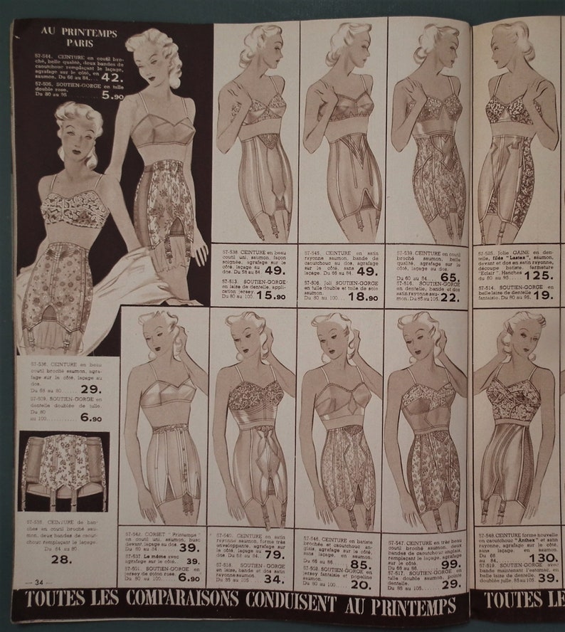 K&ouml;nnte beinhalten: Eine Vintage-Werbung f&uuml;r Korsetts und Mieder. Die Anzeige zeigt mehrere Models, die verschiedene Arten von Korsetts und Miedern tragen. Die Anzeige enth&auml;lt auch Preise und Produktbeschreibungen.
