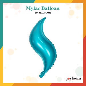 May include: A teal flame-shaped Mylar balloon, 24 inches in length, against a white background. The balloon has a shiny, metallic finish and is designed for party decorations. Text on the image reads "Mylar Balloon" and "24" Teal Flame."